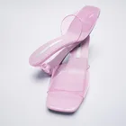 Женские прозрачные шлепанцы на танкетке ZA, модные сандалии с квадратным носком, на высоком каблуке, с кристаллами, летние тапочки, новинка 2021