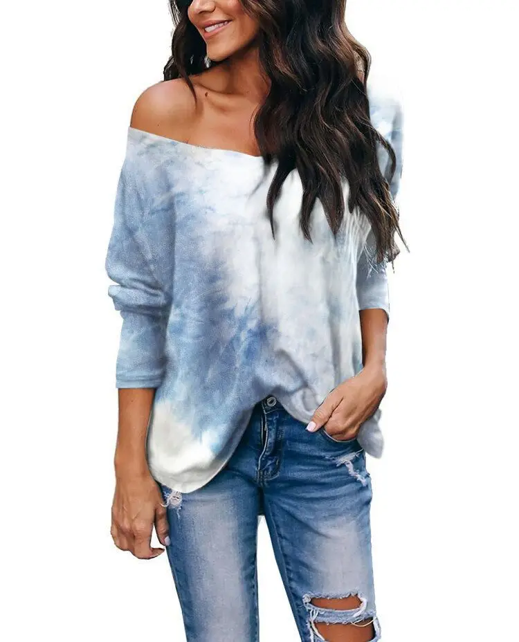 

Explosive European And American Women's Tie-dye Long-sleeved V-neck Loose Top T-shirt Original Waffle Full Casual O-Neck