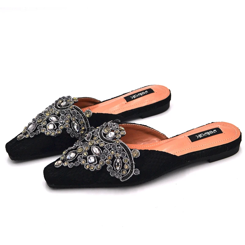 Стразы Женские туфли без задника на плоской подошве Украшенные жемчугом