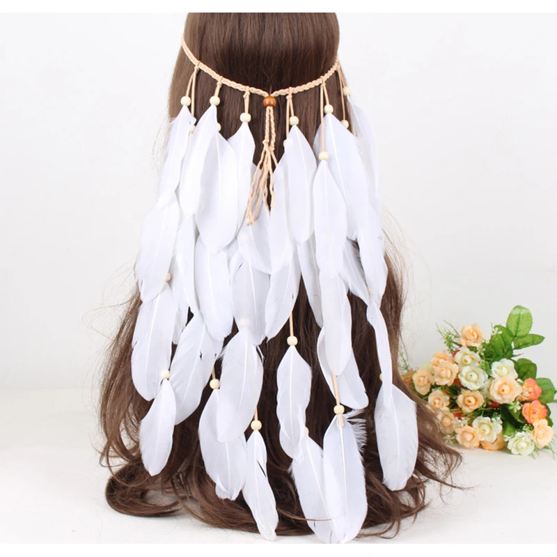 

Feather Headband Women Festival Headwear White Bohomia Feather Rope Crown Headdres For Girls Bohemian Indian Feather Hairband