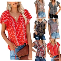 womens t shirt top summer new style european and american broken flowers printed shirt v neck short sleeved t shirt women