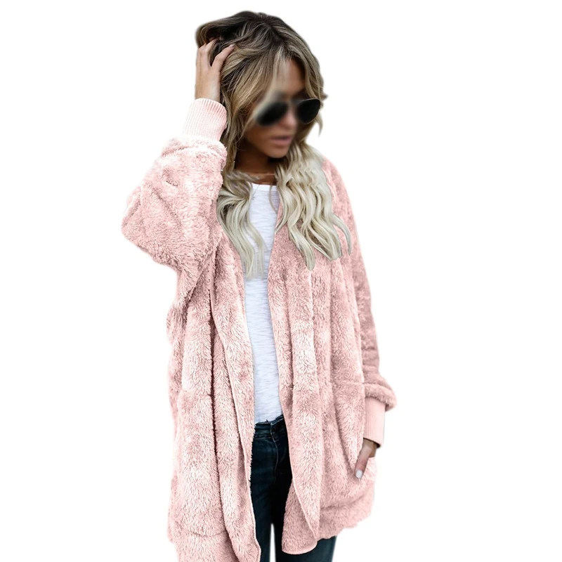 

Autumn And Winter Long Two-sided Wearing Faux Fur Coat Open Hooded Cardigan Jacket Coat Jacket With Pocket
