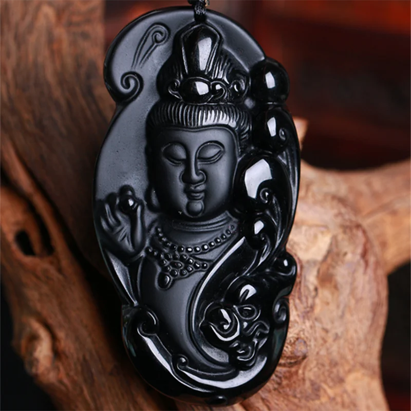 Прямая поставка натуральный черный обсидиан Гуаньинь Будда резной счастливый
