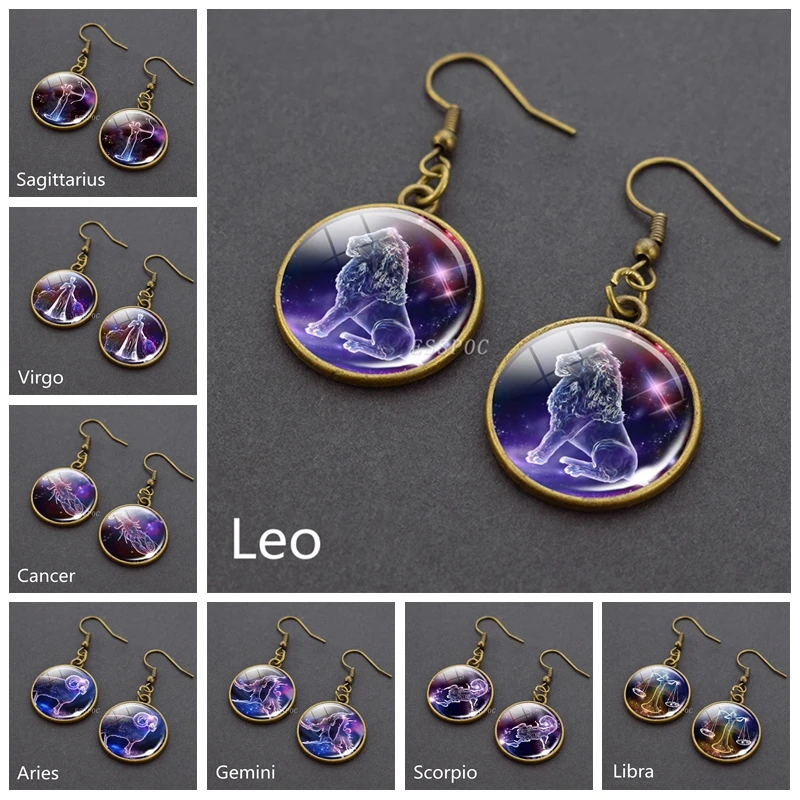 Женские медные серьги подвески 12 созвездий с крючком Водолей рыбы Овен Телец Gemini