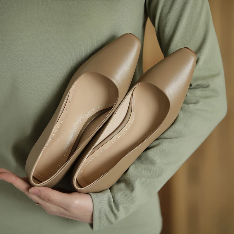 

Genuine Leather Women Shoes Square Toe Slip-On Casual Shoes Chunky Heel Fashion Spring/Autumn Solid Color Pumps Large Size 34-43