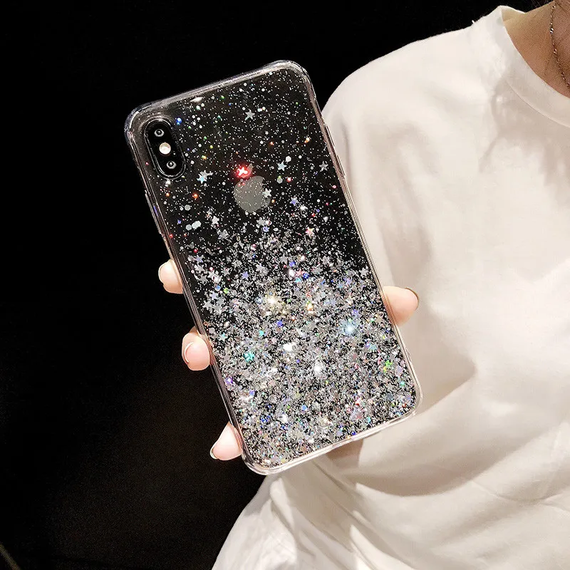 Fashion Silver Foil Star Bling Glitter Back Phone Cover For iPhone 11 Pro Max 6 6S 7 8 Plus X Xr Xs 10 Silicon Soft TPU Case |
