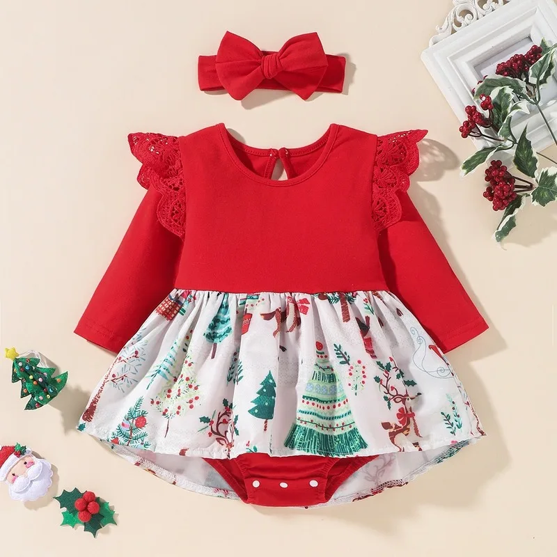 European and American style Christmas lace long-sleeved one-piece dress baby fart dress + headband