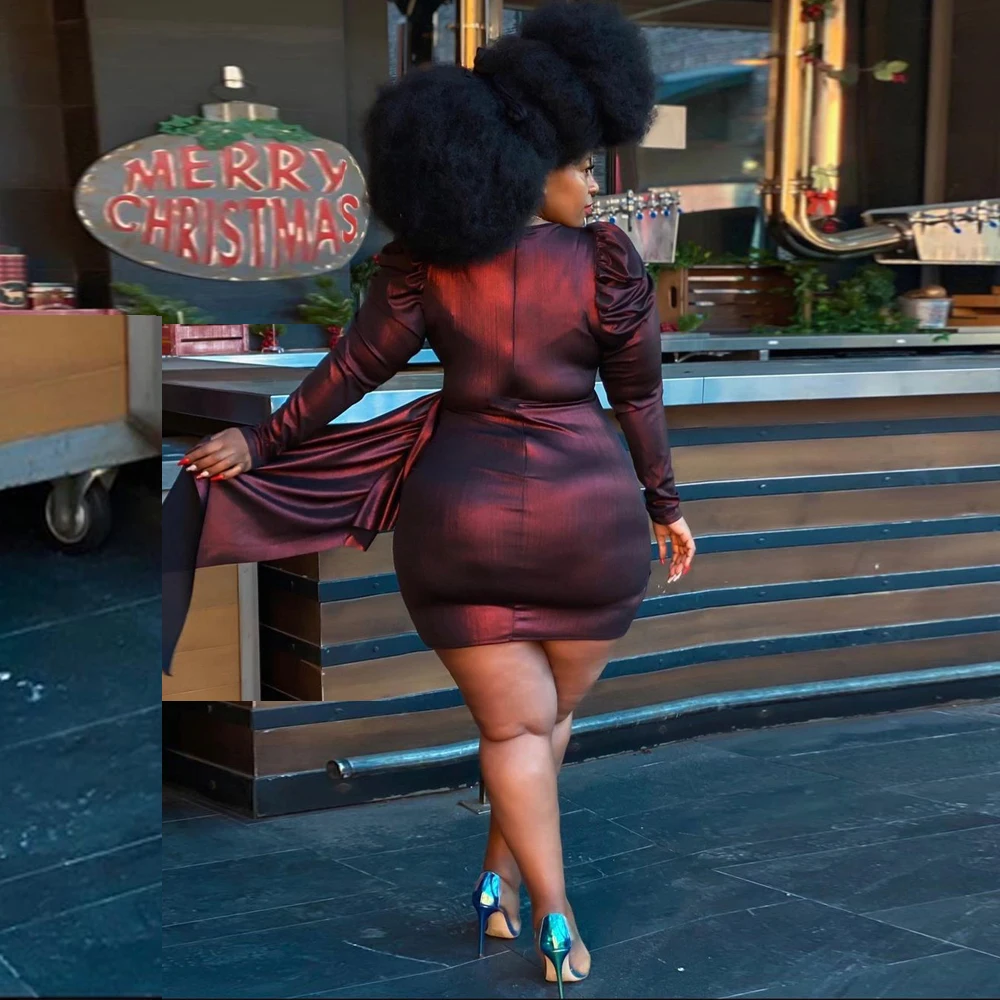 

XL-5XL Plus Size Dark Red Ruched Party Dresses Women Deep V Neck Long Puff Sleeve Bandage Dress Spring High Waist Slim Fit Robe
