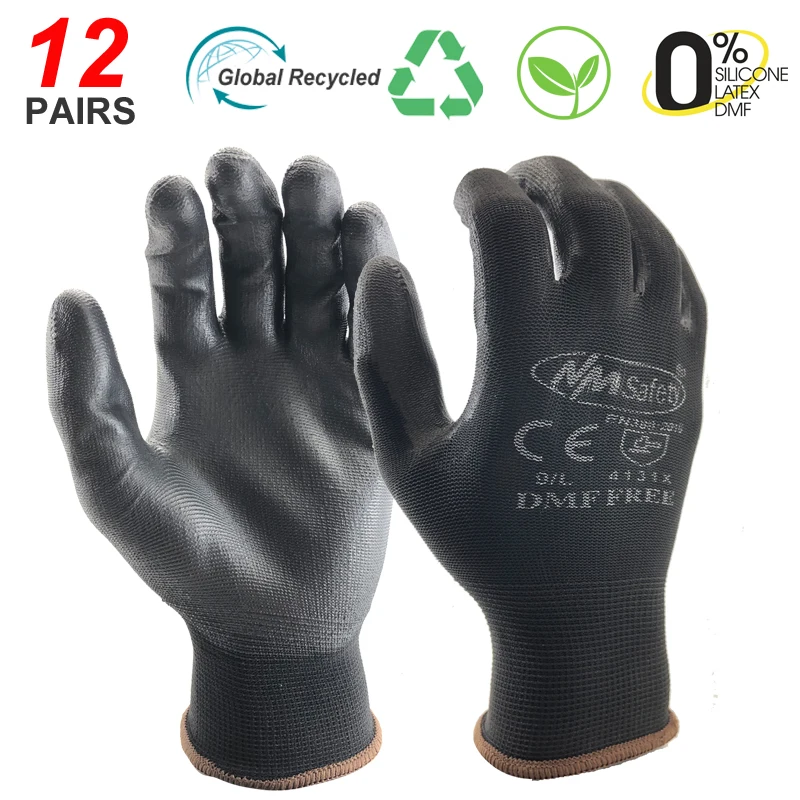 

24Pieces/12 Pairs High Quality Knit Nylon PU Rubber Coating Safety Work Glove For Builders Fishing Garden Work Non-slip Gloves