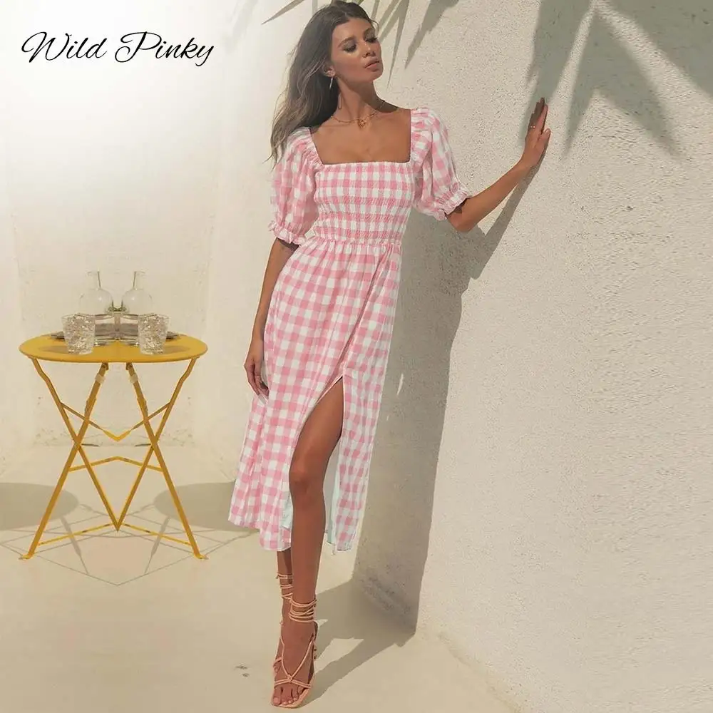 

WildPinky New Vintage Summer Plaid Long Women Dress Sweet Slash Neck Female Puff Sleeve Ladies Split Party Beach Dress Vestidos