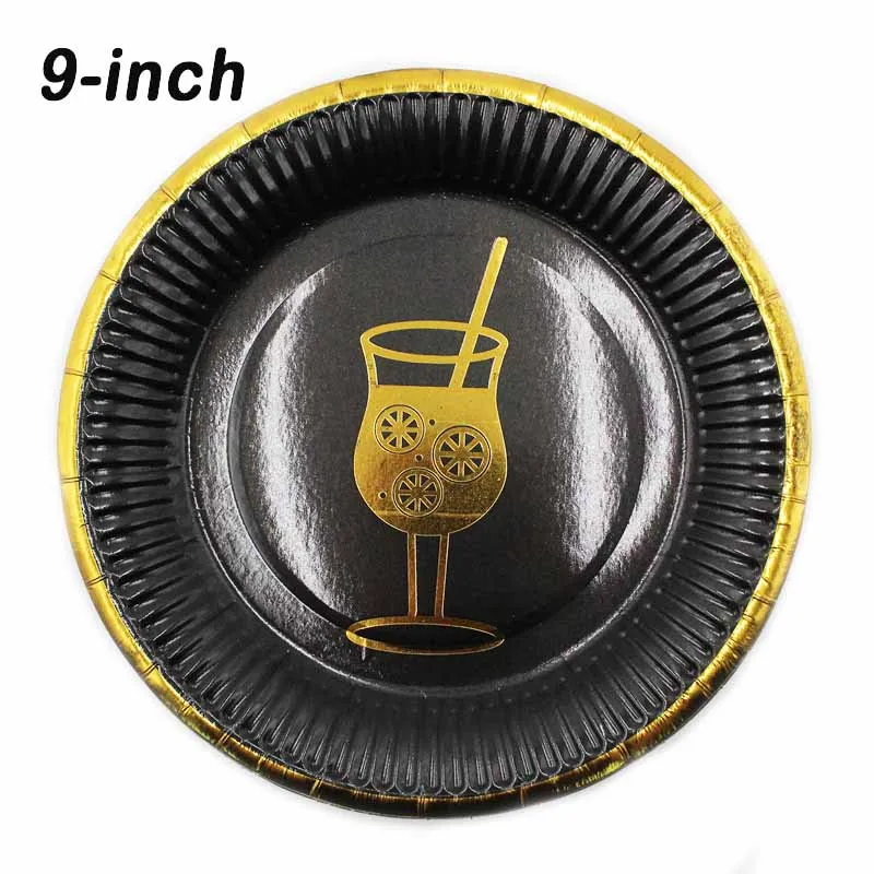 Plates 9-inch 10pcs Черные тарелки, салфетки для стаканчиков, соломинки, Свадебные Декорации для взрослых, юбилей, дней рождения, вечеринок, одноразовые столовые приборы в Золотой горошек - Цвет: Plates 9-inch 10pcs