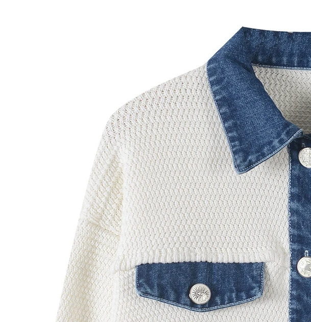 

2020 Spring and Autumn Women's New Knitted Denim Stitching Cardigan Long Sleeve Jacket