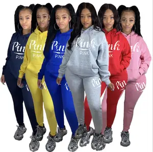 Спортивный Повседневный комплект из 2 предметов, розовый спортивный костюм с буквенным принтом для женщин, Осень-зима, уличная одежда из двух предметов, набор для бегунов на молнии, спортивные костюмы