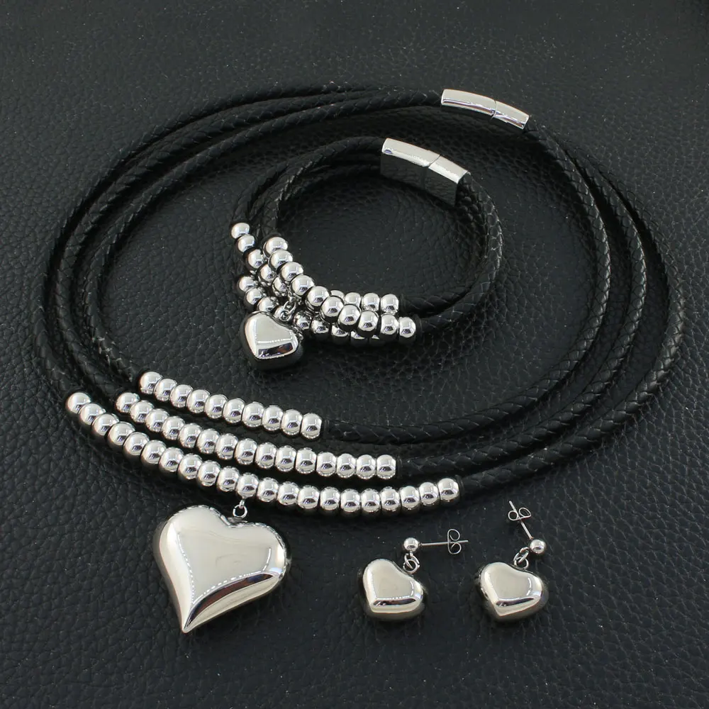 

Fashion Chain Stainless Steel Silver Color Leatherwear Necklace Bracelet Jewelry Sets Bijoux Femmes Joyas Mujer Store SRYZ087