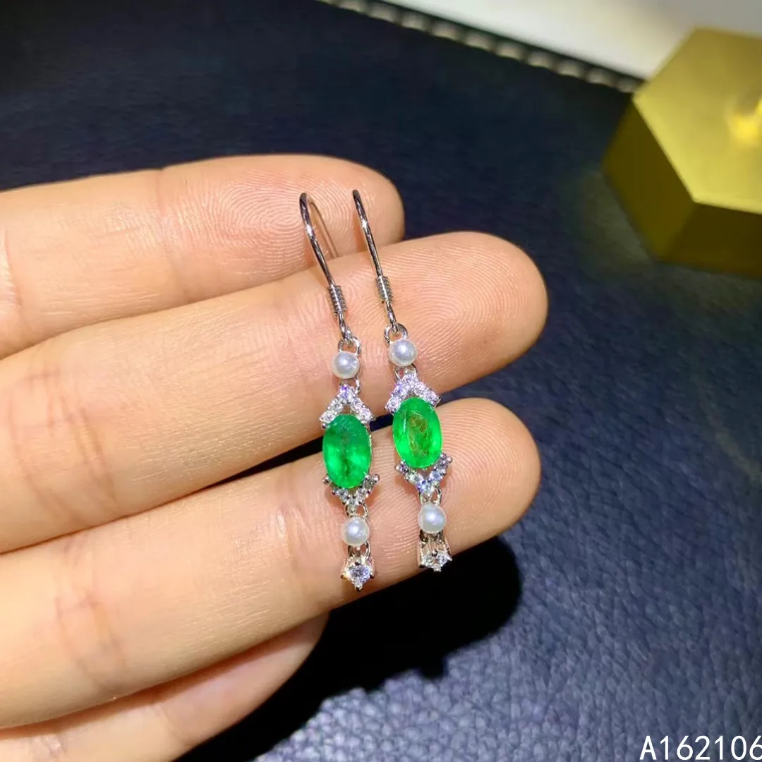 

Fine Jewelry 925 Pure Silver Chinese Style Natural Emerald Girl Luxury Lovely Pearl Oval Gem Earrings Eardrop Support Detection