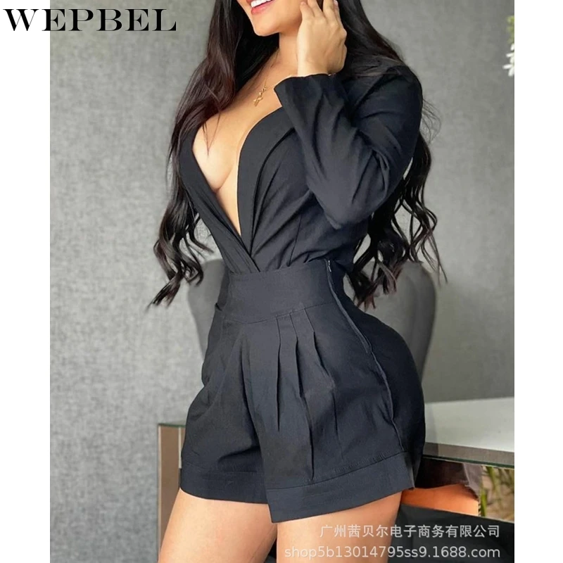

WEPBEL Women's Casual Slim Solid Color Pleated Suit Autumn Long Sleeve V-neck Shirt + High Waist Zipper Straight Shorts Suit