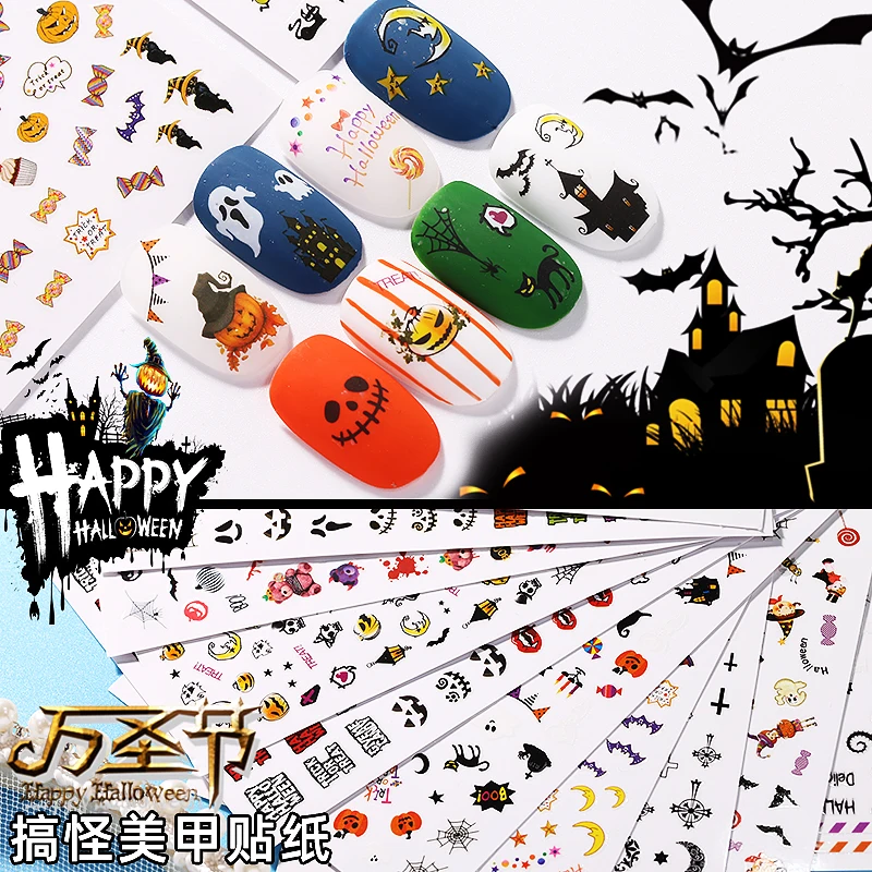 

Halloween Series Spider Web Black Cat Bat Pumpkin Witch Horror DIY Nail Art Sticker Set Decal Slider Wraps Decorations Supplies