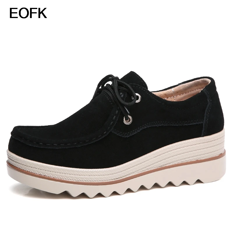 

EOFK Shoes Woman New Autumn Cow Suede Leather Women Flats Lace-Up Women's Loafers Casual Flat Platform Female Sneakers