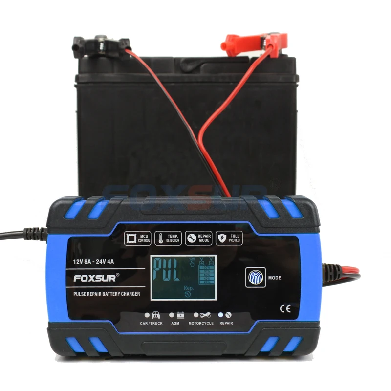 FOXSUR автомобиля Мотоциклетные батареи Зарядное устройство 12V 8A 24V 4A смарт-устройство для быстрой зарядки для AGM гель мокрый EFB свинцово-кислотный Батарея Зарядное устройство
