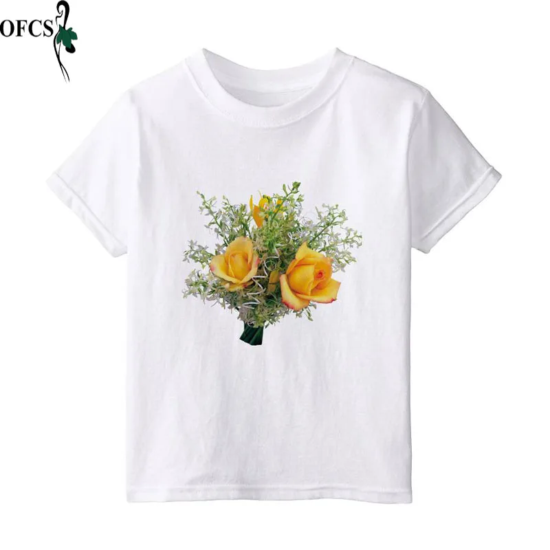 Летняя детская одежда с цветочным принтом Футболка для девочек хлопковая