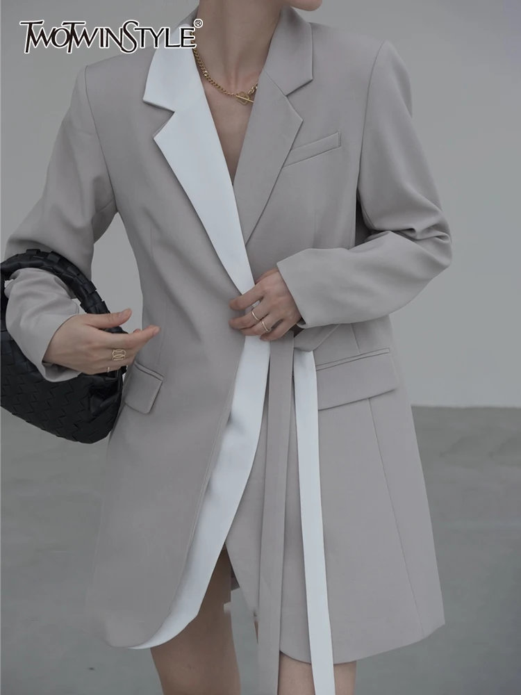 

TWOTWINSTYLE Patchwork Colorblock Coats For Female Lapel Collar Long Sleeve Lace Up Bowknot Women's Blazers 2022 Autumn Clothing