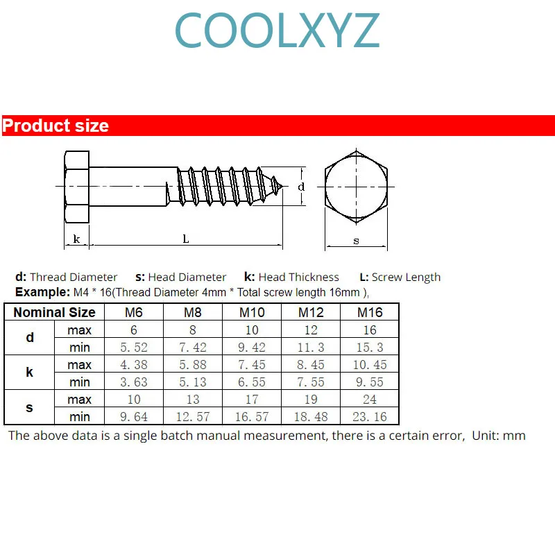 CoolXYZ Самонарезающий винт с шестигранной головкой DIN571 Zincing внешний шестигранник