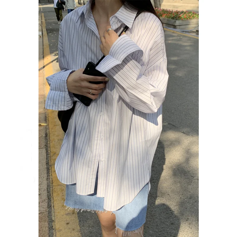 Женская рубашка в белую полоску Свободный Повседневный Топ стиле оверсайз с