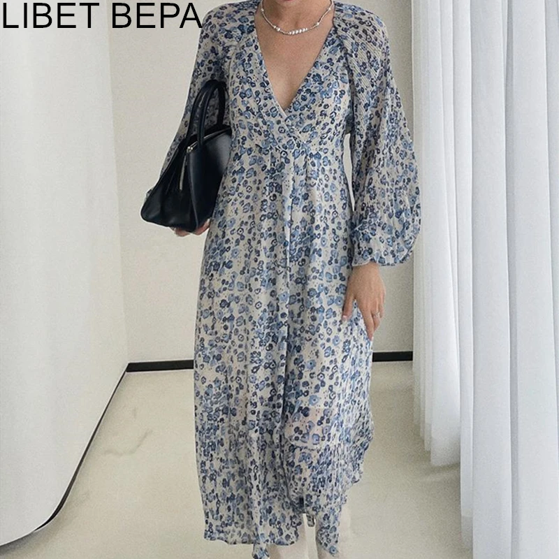 

Женское шифоновое платье с цветочным принтом, повседневное элегантное платье с длинным рукавом и винтажным принтом в Корейском стиле, весн...