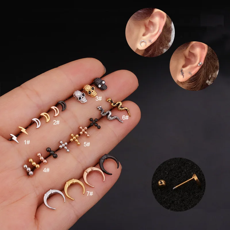 

1Piece Piercing Snake Flash Stainless Steel Stud Earrings for Women 2020 Trend Jewelry Black Cross Skull Men Earrings Studs