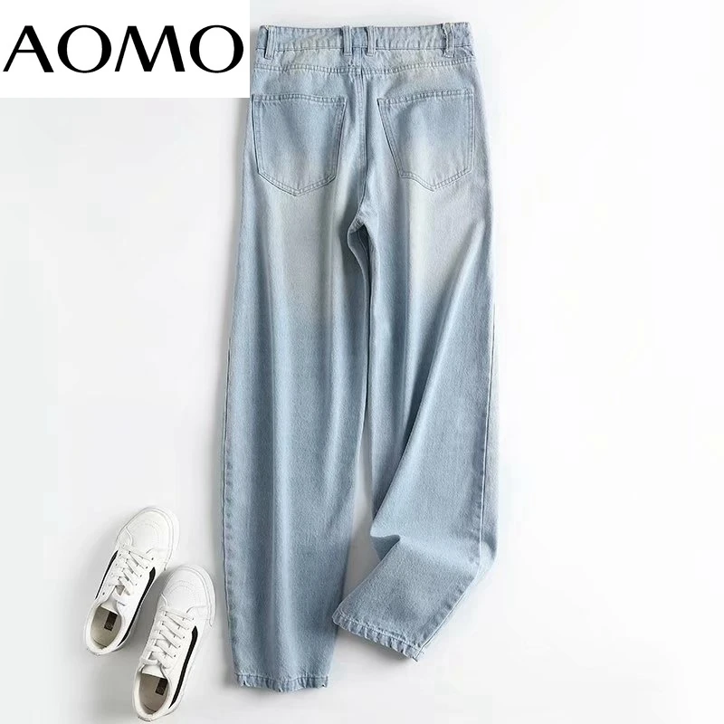 

AOMO 2021 Fashion Women High Quality Light Blue Jeans Pants Cotton Trousers Pockets Buttons Female Pants 4C140A