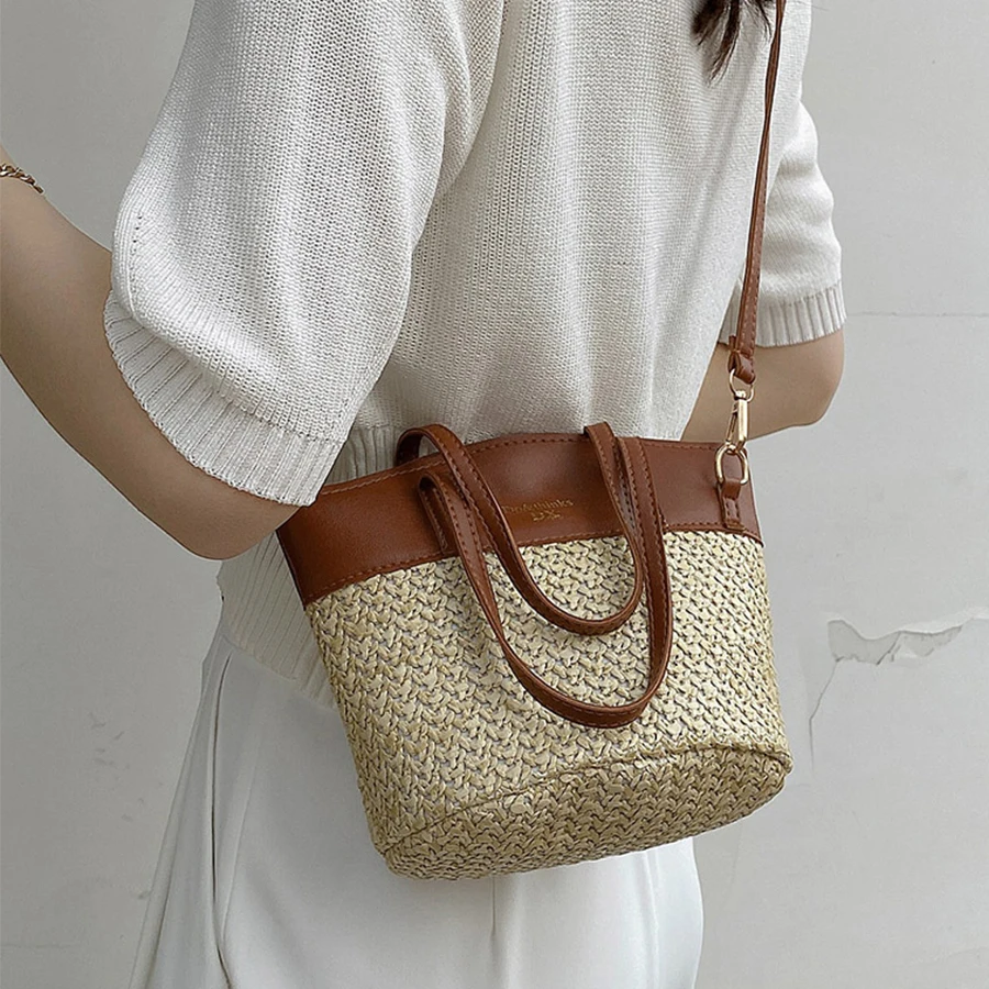 

2021 New Women Handbag PU Leather Splicing Shoulder Bag Casual Bucket Bag Summer Straw Weave Bucket Beach Crossbody Bags