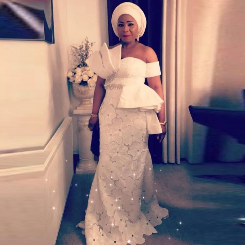 

Вечернее кружевное платье-Русалка Aso Ebi, с открытыми плечами, бисером, блестками, баской, баской, платье для выпускного вечера, размера плюс