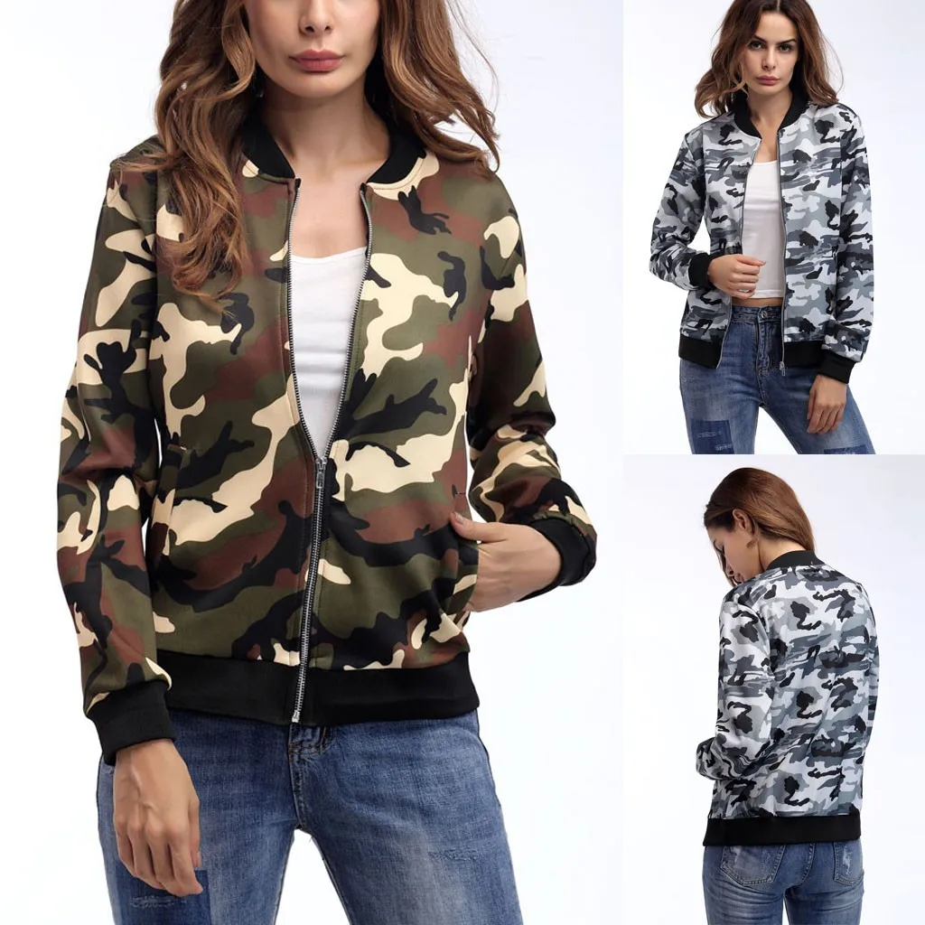 

Women's Camouflage Print Zipper Up Jacket Casual Autumn Blouse Fashion Baseball Coat Zipper V-neckline Jacket