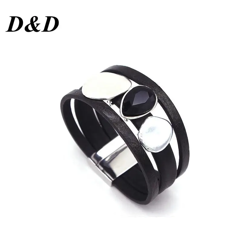 

Black Leather Bracelets For Women Bohemian Boho Crystal Metal Charm Multilayer Wide Wrap Bracelet Female Jewelry
