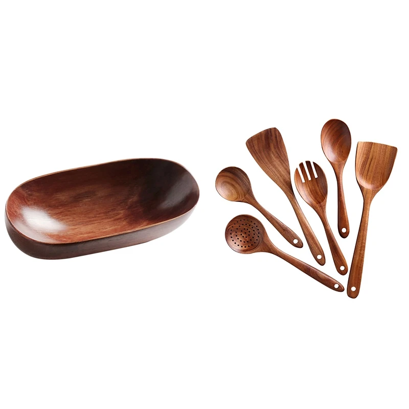 

1 Pcs Wooden Dried Fruit Dish Solid Wood Tableware Food Serving Tray & 1 Set Teak Wood Spoon Solid Wood Spatula Set