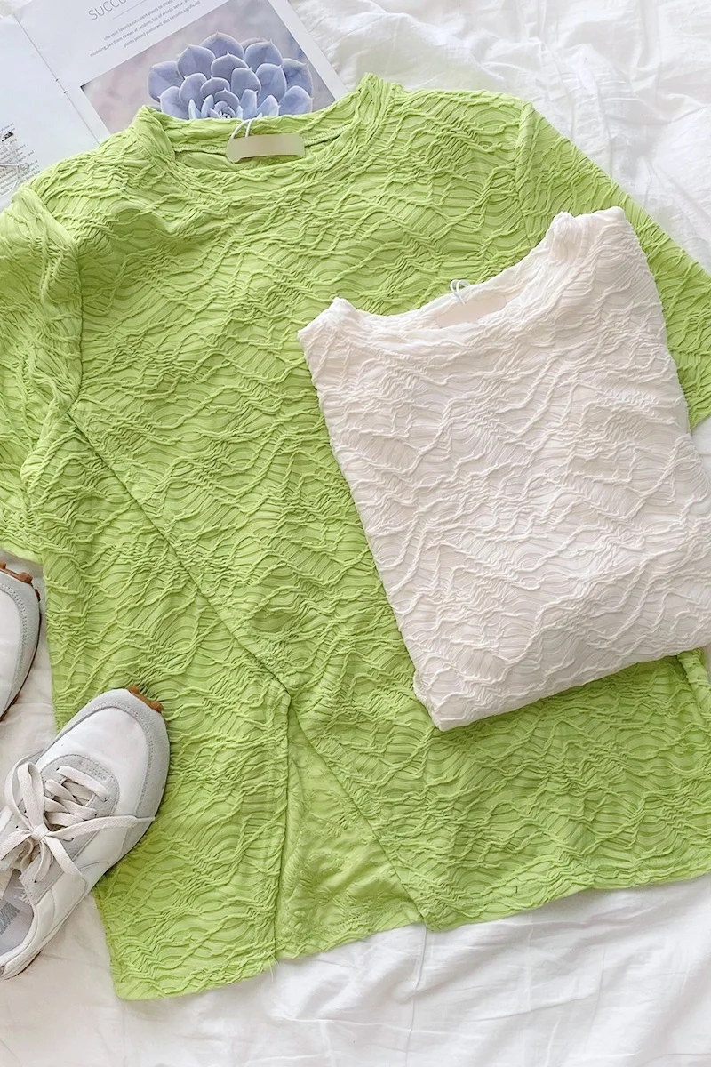 

Slant Split Short Sleeve T-shirt Wavy Design Cool Green Round Neck Loose And Lazy Slim Green Top In Summer