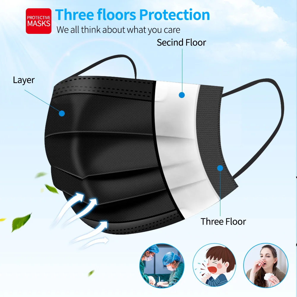 

Free Shipping Black Disposable Mask Mouth Face Masks Non-woven Mask 3 Filter Activated Anti Pollution Facemask Dustproof Mask