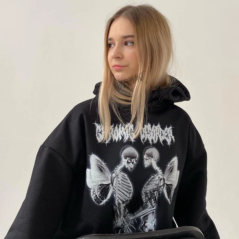 

Women's Hip Hop Sweatshirt Goth Skeleton Angel Print Oversized Hoodies Black Y2K Tops Harajuku College Grunge Sweatshirts 2021