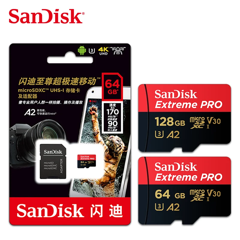 

SanDisk Extreme PRO Micro SD Card 64GB 128GB 256GB A2 Flash Memory Cards High Speed up to 170MB/s microSDXC V30 U3 TF Cards