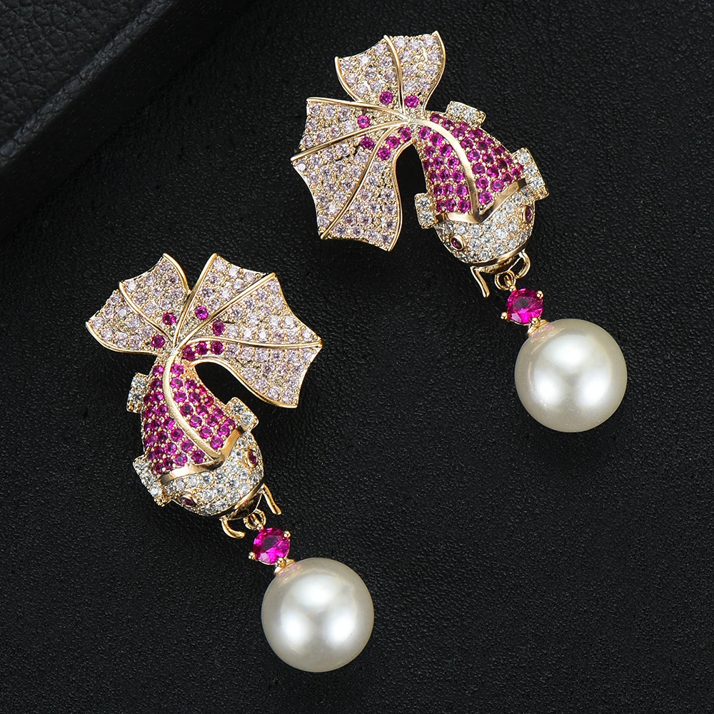 Siscathy New Charm Women Golden Fish Shape Pearl Earrings Fashion Jewelry Trendy Cubic Zirconia Drop Wedding For | Украшения и