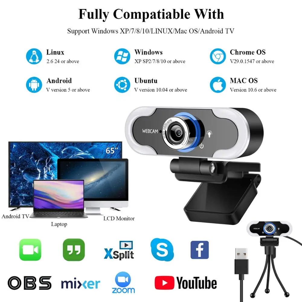 

1080P Full HD Webcam Fill Light Web Camera 2MP Conference PC Camera with Microphone for Live Broadcast Video Usb Webcam