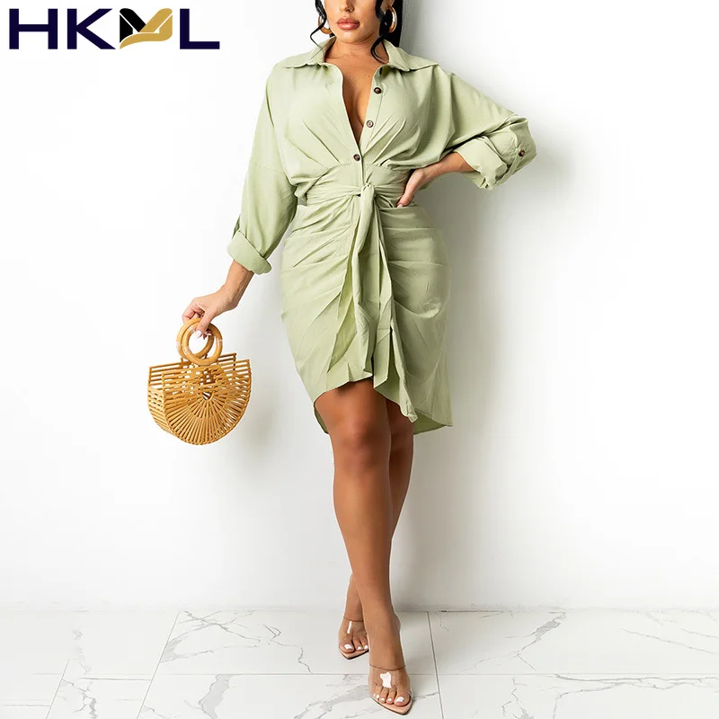 

Летнее женское мини-платье на бретельках с длинным рукавом и отложным воротником, однотонное элегантное Плиссированное облегающее платье ...