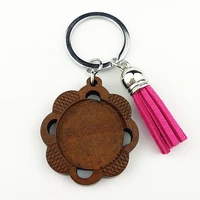 jiangzimei 24pcs new design sunflower 25mm wood cabochon stainless steel keychain blank wooden pendant with tassels