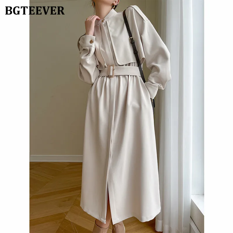 

BGTEEVER Autumn Winter Stand Collar Women A-line Dress Long Sleeve Elastic Waist Belted Slim Female Dress Ladies Vestidos 2021