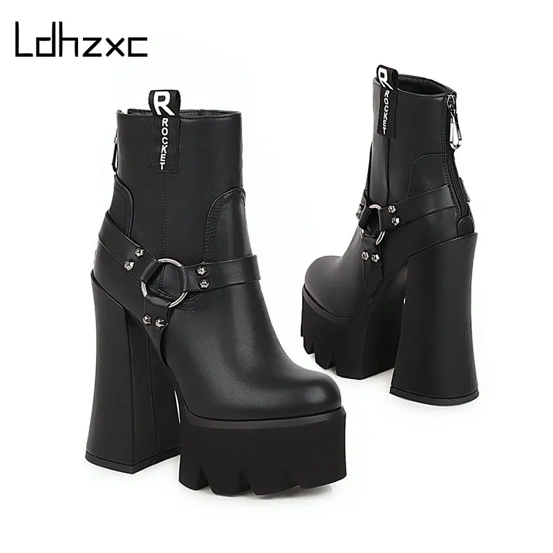 

LDHZXC Newest Winter Boots Women High Heels Platform Shoes Lace-up Black Fashion Dress Party Shoes Woman Ankle Boots