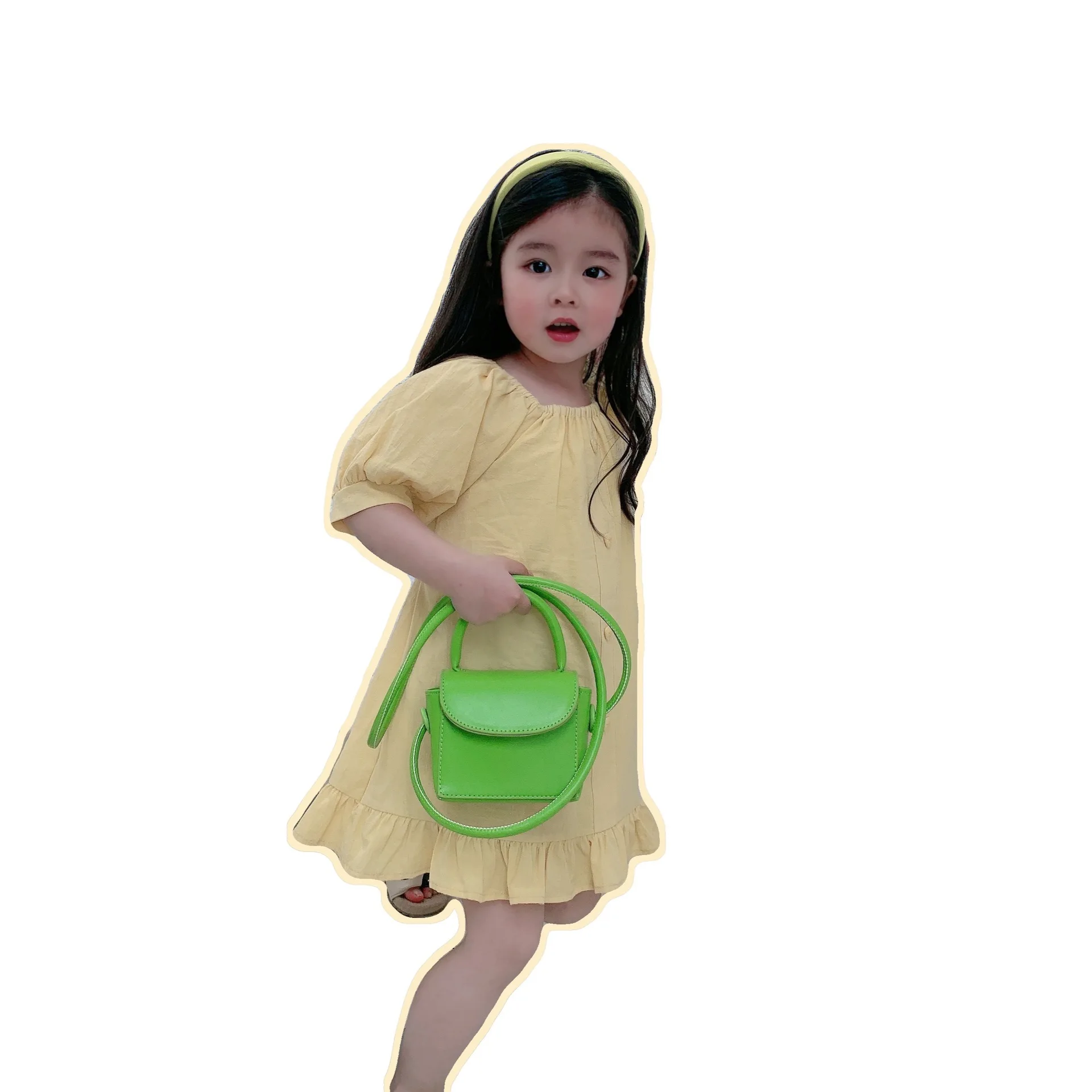 

2021 Summer Parent-Child Girl's One-Shoulder Puff Sleeve Lace-Up Dress