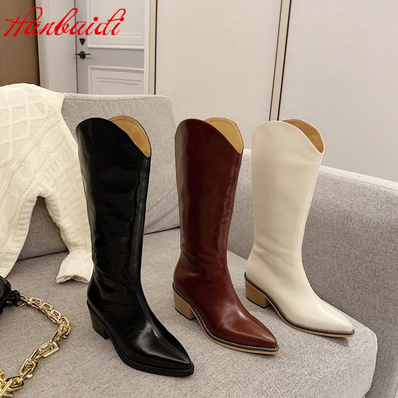 

Женские сапоги до колена, ковбойские сапоги в западном стиле, осенне-зимняя обувь с острым носком, мотоциклетные кожаные сапоги на молнии