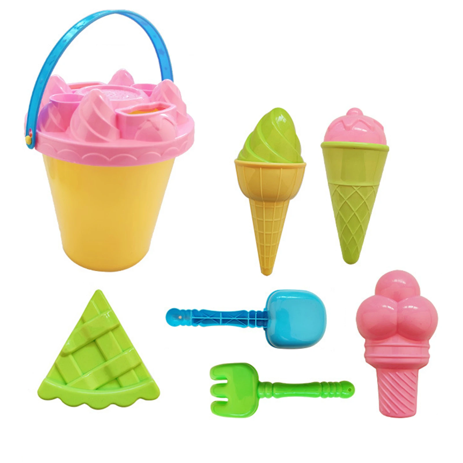 

7pcs Kids Beach Toys Set Sand Buckets Chidren Water Toys For Outdoor Sieve Bucket Shovel Rake Two Ice Cream Sand Molds