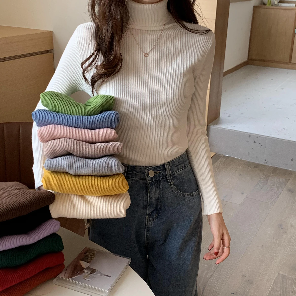 

Slim Style Elegant Turtleneck Solid Color Basic Sweaters Women Fashion Simple Long Sleeve Knitted Pullover Female Soft Warm Tops