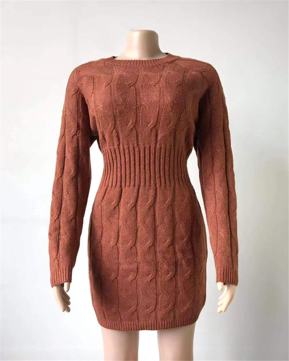 

Solid Color Women Sweater Long Sleeve Tight Waist Slim Knitted Mini Dress Casual Hips Dresses For Women Autumn